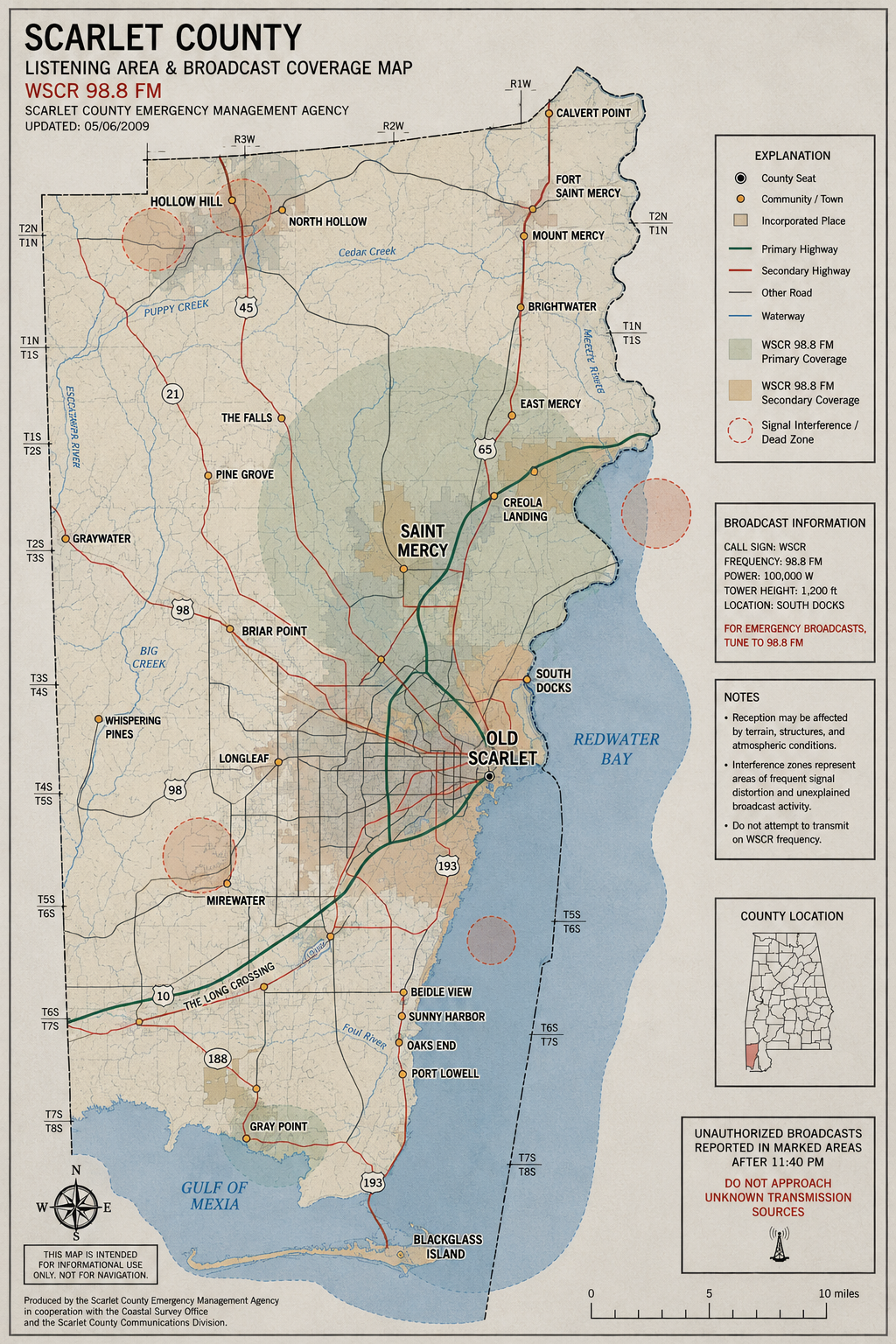 Scarlet County WSCR listening area and broadcast coverage map